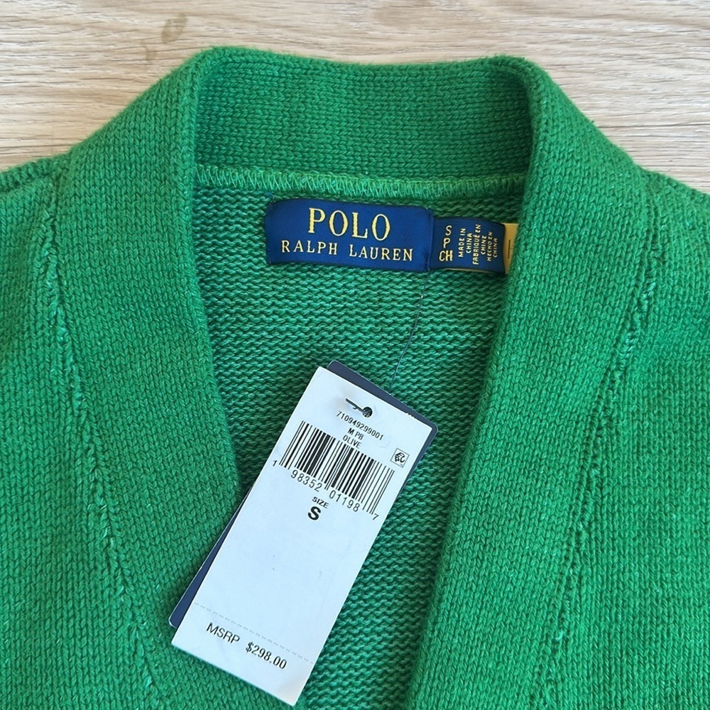 Polo by Ralph Lauren Green Wool Varsity Cardigan with Yellow Patch - Picture 8 of 11